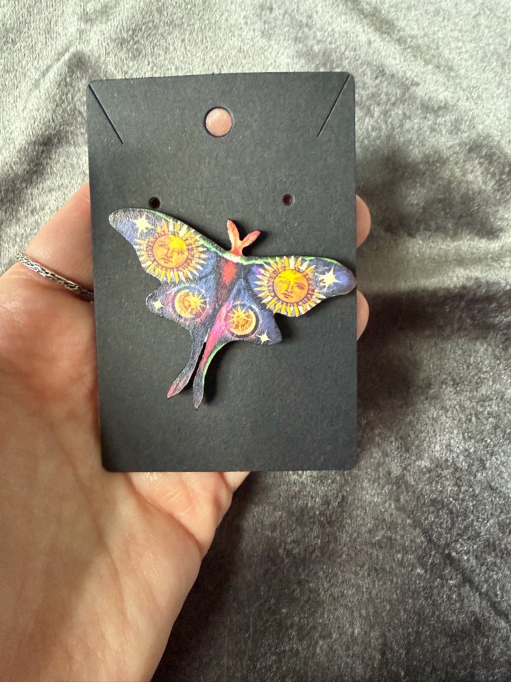Handmade Moon & Sun Moth Brooch in Purple and Yellow - Picture 3 of 5
